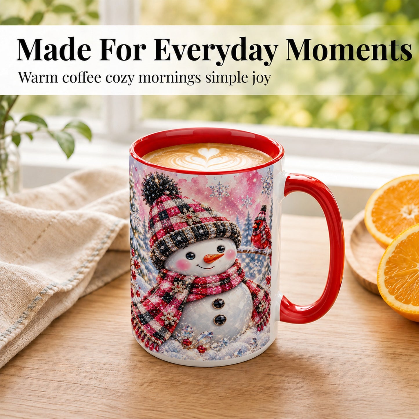 #pl[15oz|Red] Jeweled Snowman Coffee Mug, Cardinal Plaid Winter Mug, Ceramic Cup