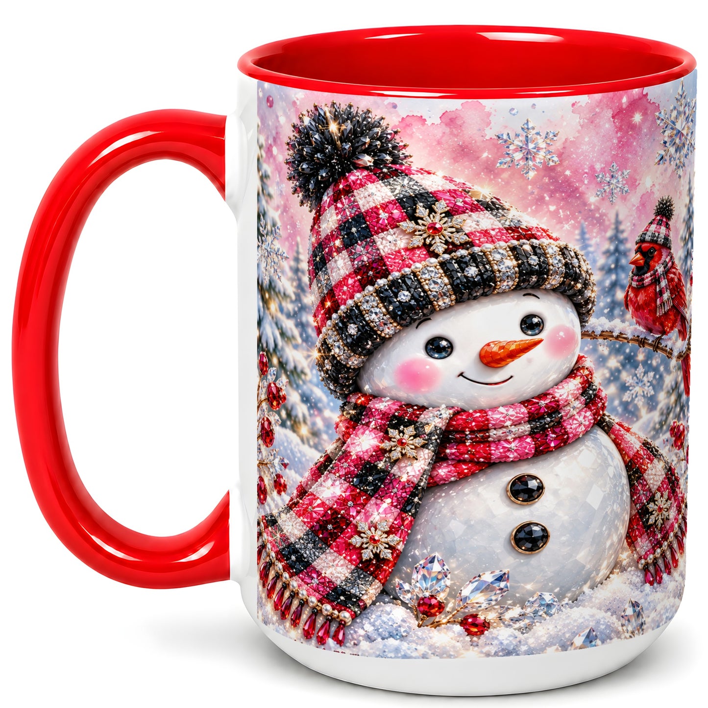 #pl[15oz|Red] Jeweled Snowman Coffee Mug, Cardinal Plaid Winter Mug, Ceramic Cup