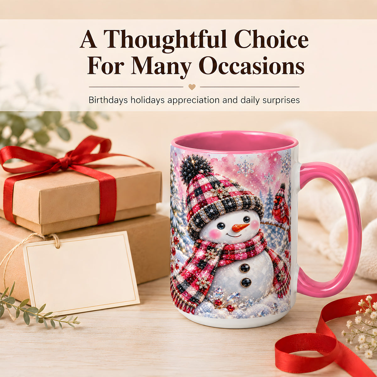 #pl[15oz|Pink] Jeweled Snowman Coffee Mug, Cardinal Plaid Winter Mug, Ceramic Cup