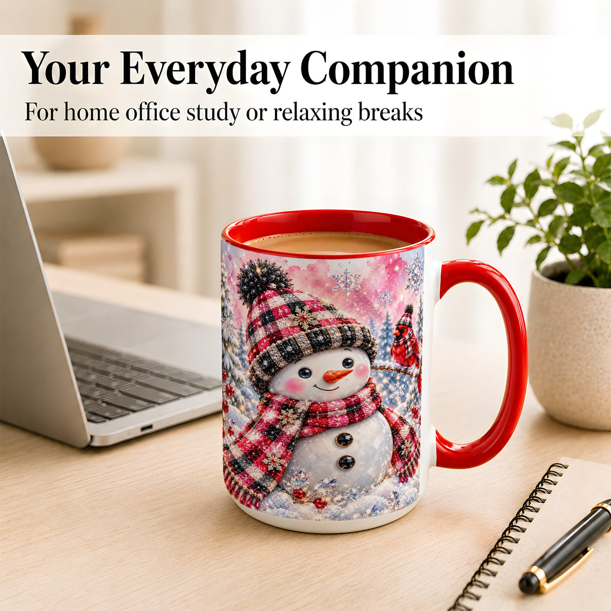 #pl[15oz|Red] Jeweled Snowman Coffee Mug, Cardinal Plaid Winter Mug, Ceramic Cup