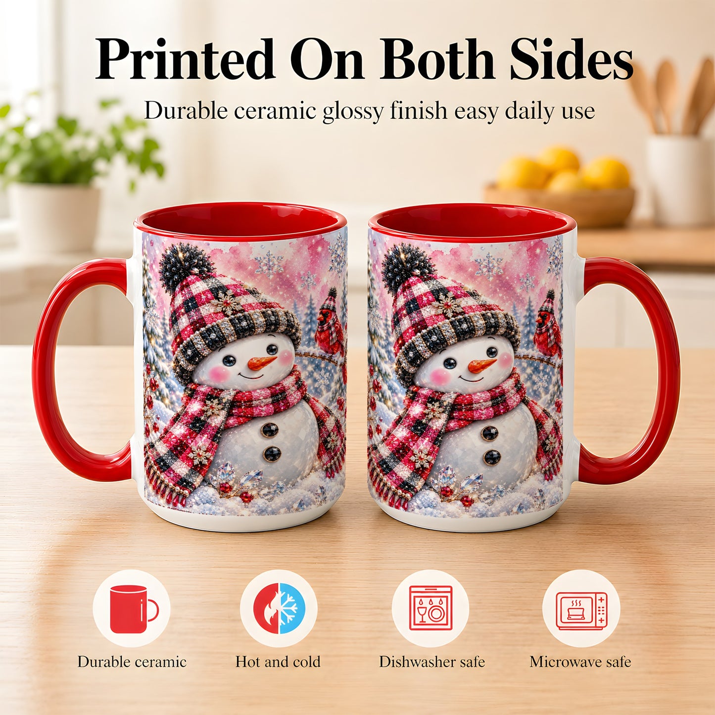 #pl[15oz|Red] Jeweled Snowman Coffee Mug, Cardinal Plaid Winter Mug, Ceramic Cup
