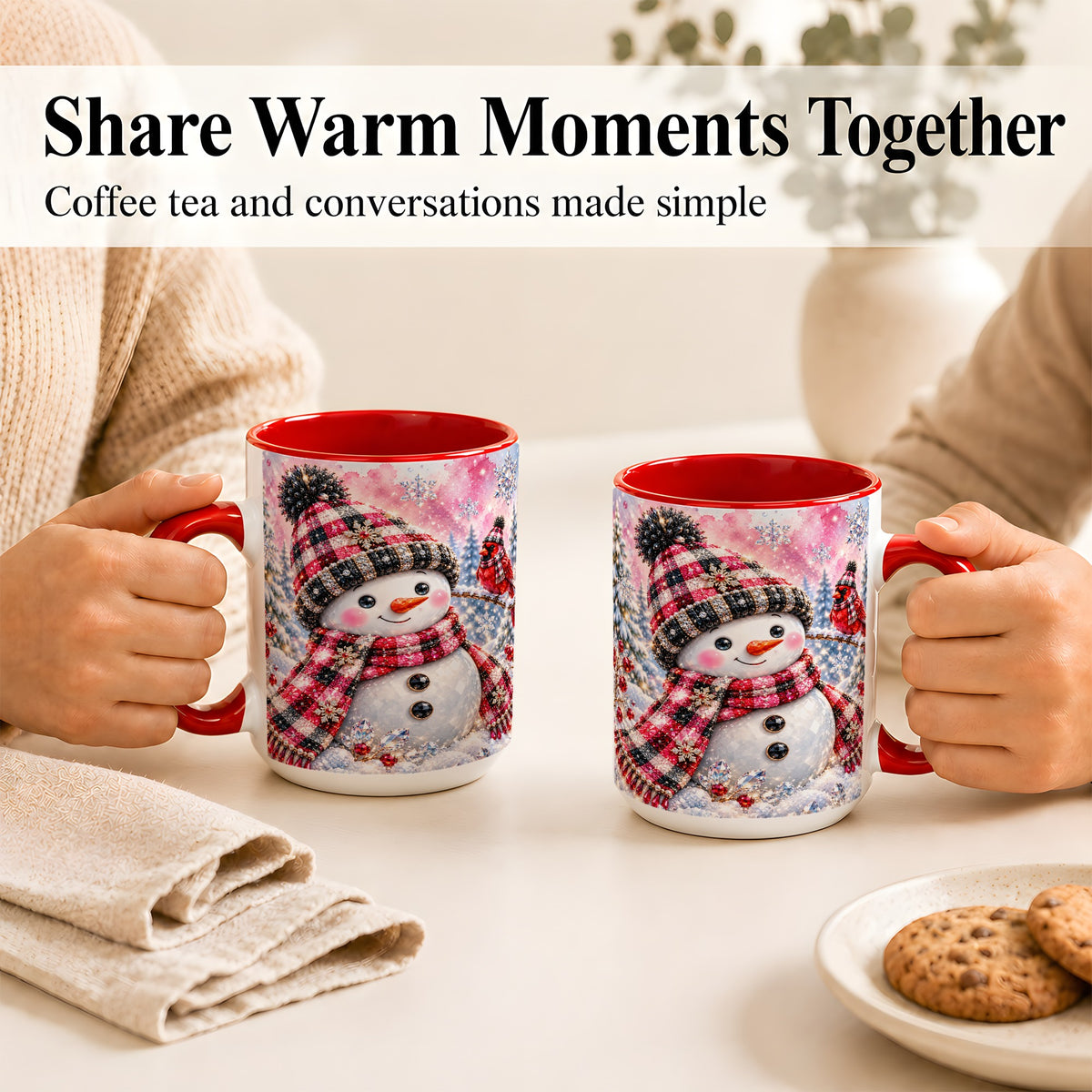 #pl[15oz|Red] Jeweled Snowman Coffee Mug, Cardinal Plaid Winter Mug, Ceramic Cup