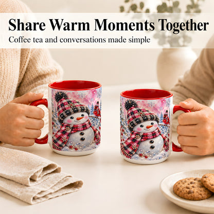 #pl[15oz|Red] Jeweled Snowman Coffee Mug, Cardinal Plaid Winter Mug, Ceramic Cup