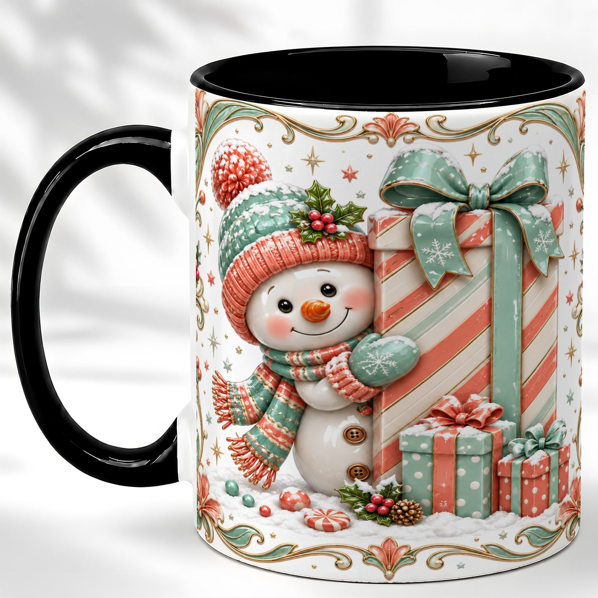 #pl[11oz|Black] Snowman Present Coffee Mug, Christmas Holiday Snowman Mug, Ceramic Cup