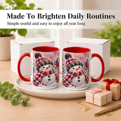 #pl[15oz|Red] Jeweled Snowman Coffee Mug, Cardinal Plaid Winter Mug, Ceramic Cup