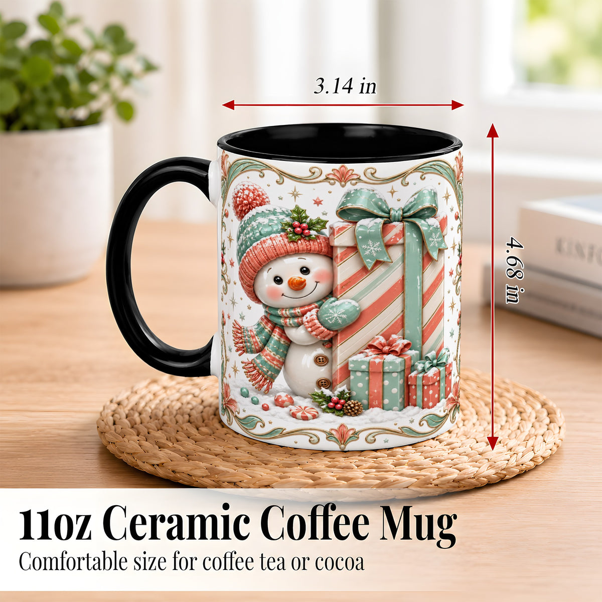 #pl[11oz|Black] Snowman Present Coffee Mug, Christmas Holiday Snowman Mug, Ceramic Cup