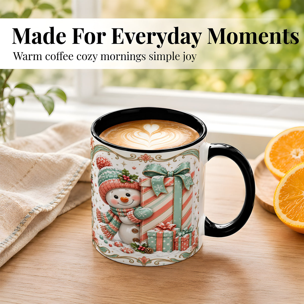 #pl[11oz|Black] Snowman Present Coffee Mug, Christmas Holiday Snowman Mug, Ceramic Cup