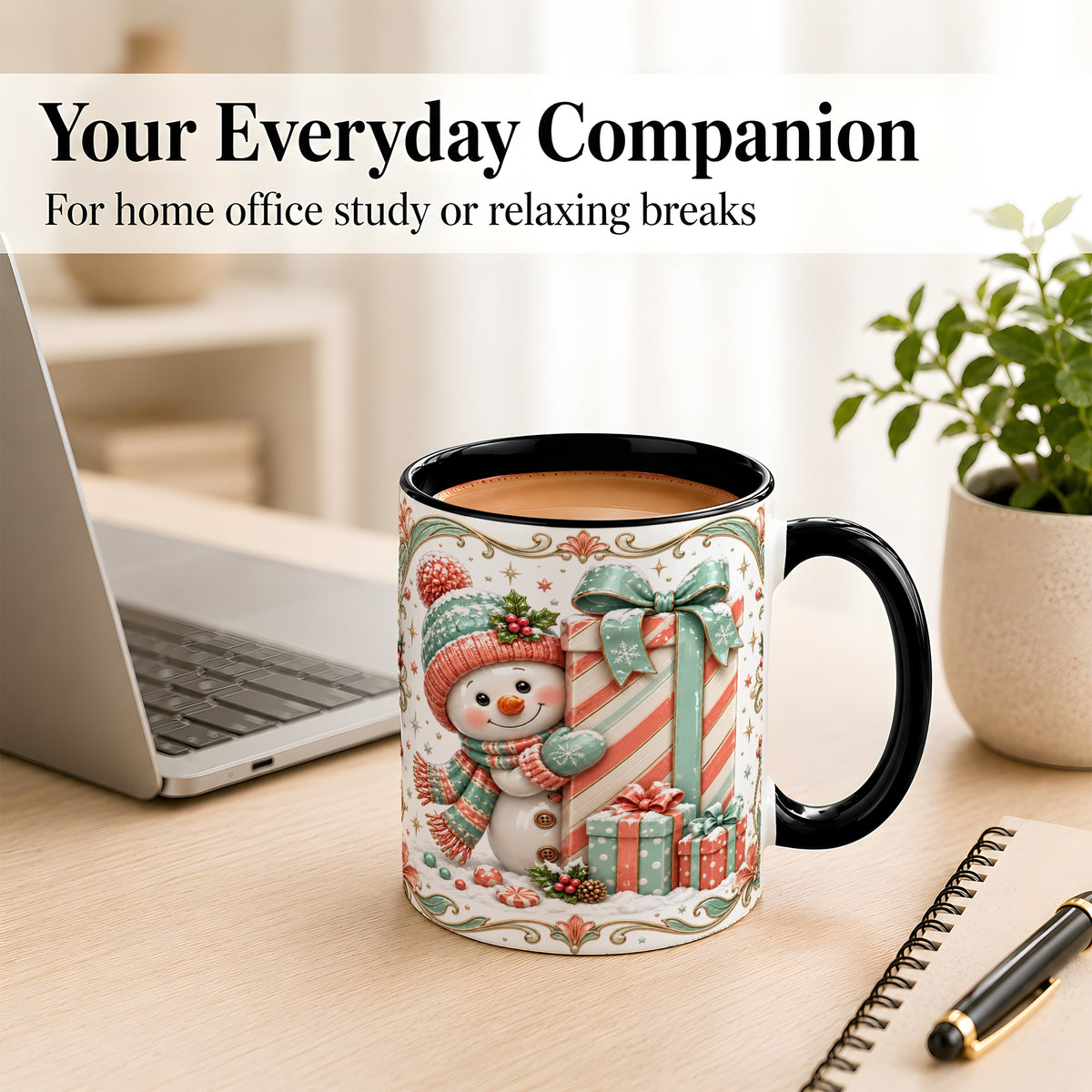 #pl[11oz|Black] Snowman Present Coffee Mug, Christmas Holiday Snowman Mug, Ceramic Cup