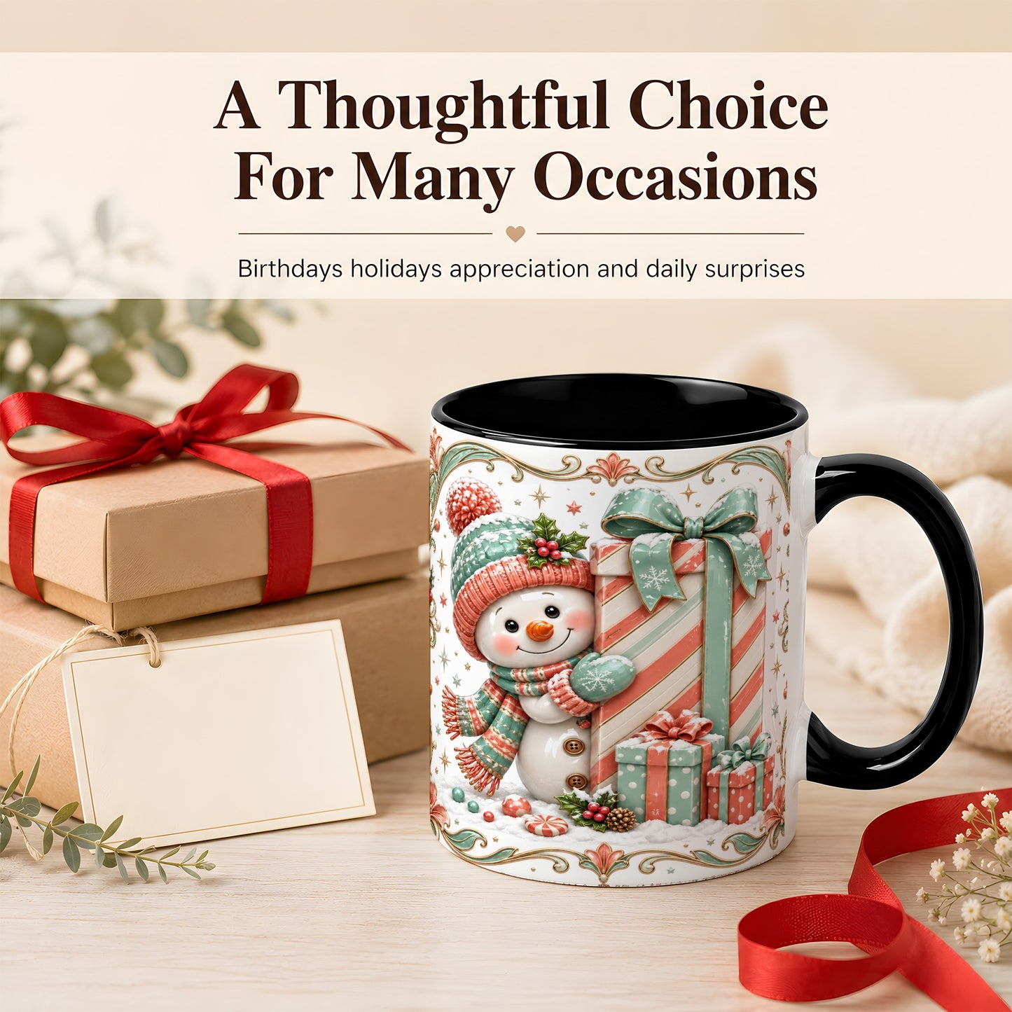 #pl[11oz|Black] Snowman Present Coffee Mug, Christmas Holiday Snowman Mug, Ceramic Cup