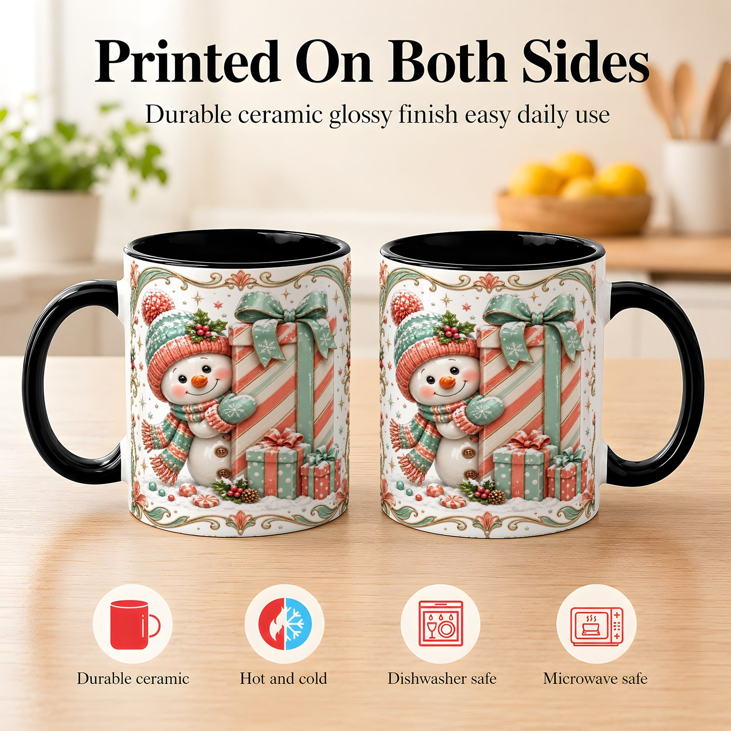 #pl[11oz|Black] Snowman Present Coffee Mug, Christmas Holiday Snowman Mug, Ceramic Cup