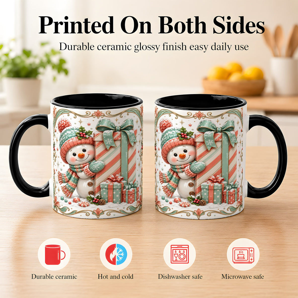 #pl[11oz|Black] Snowman Present Coffee Mug, Christmas Holiday Snowman Mug, Ceramic Cup