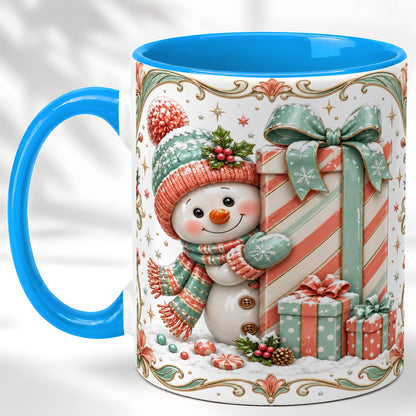 #pl[11oz|Blue] Snowman Present Coffee Mug, Christmas Holiday Snowman Mug, Ceramic Cup