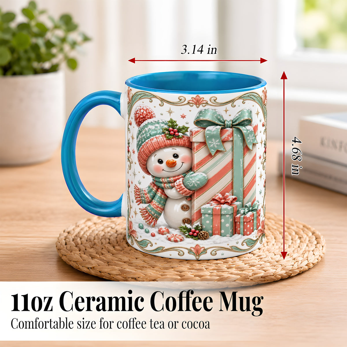 #pl[11oz|Blue] Snowman Present Coffee Mug, Christmas Holiday Snowman Mug, Ceramic Cup