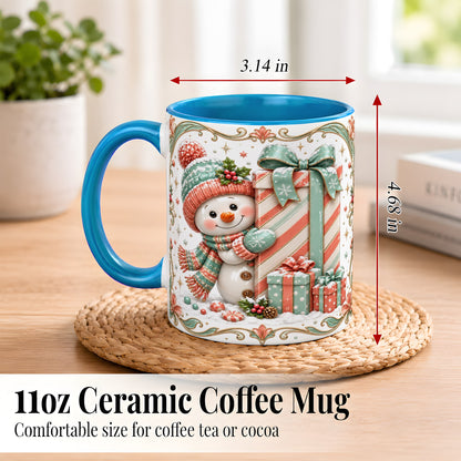 #pl[11oz|Blue] Snowman Present Coffee Mug, Christmas Holiday Snowman Mug, Ceramic Cup