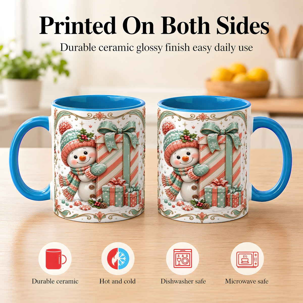 #pl[11oz|Blue] Snowman Present Coffee Mug, Christmas Holiday Snowman Mug, Ceramic Cup