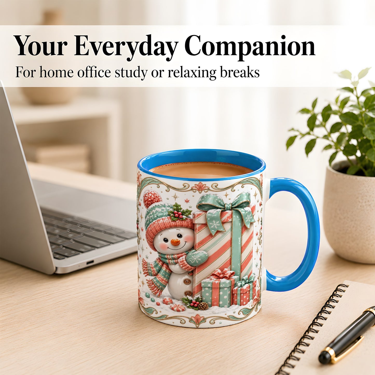 #pl[11oz|Blue] Snowman Present Coffee Mug, Christmas Holiday Snowman Mug, Ceramic Cup