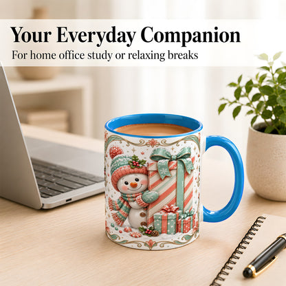 #pl[11oz|Blue] Snowman Present Coffee Mug, Christmas Holiday Snowman Mug, Ceramic Cup