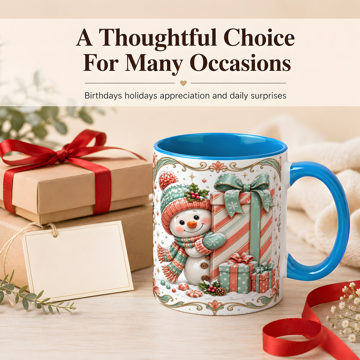 #pl[11oz|Blue] Snowman Present Coffee Mug, Christmas Holiday Snowman Mug, Ceramic Cup