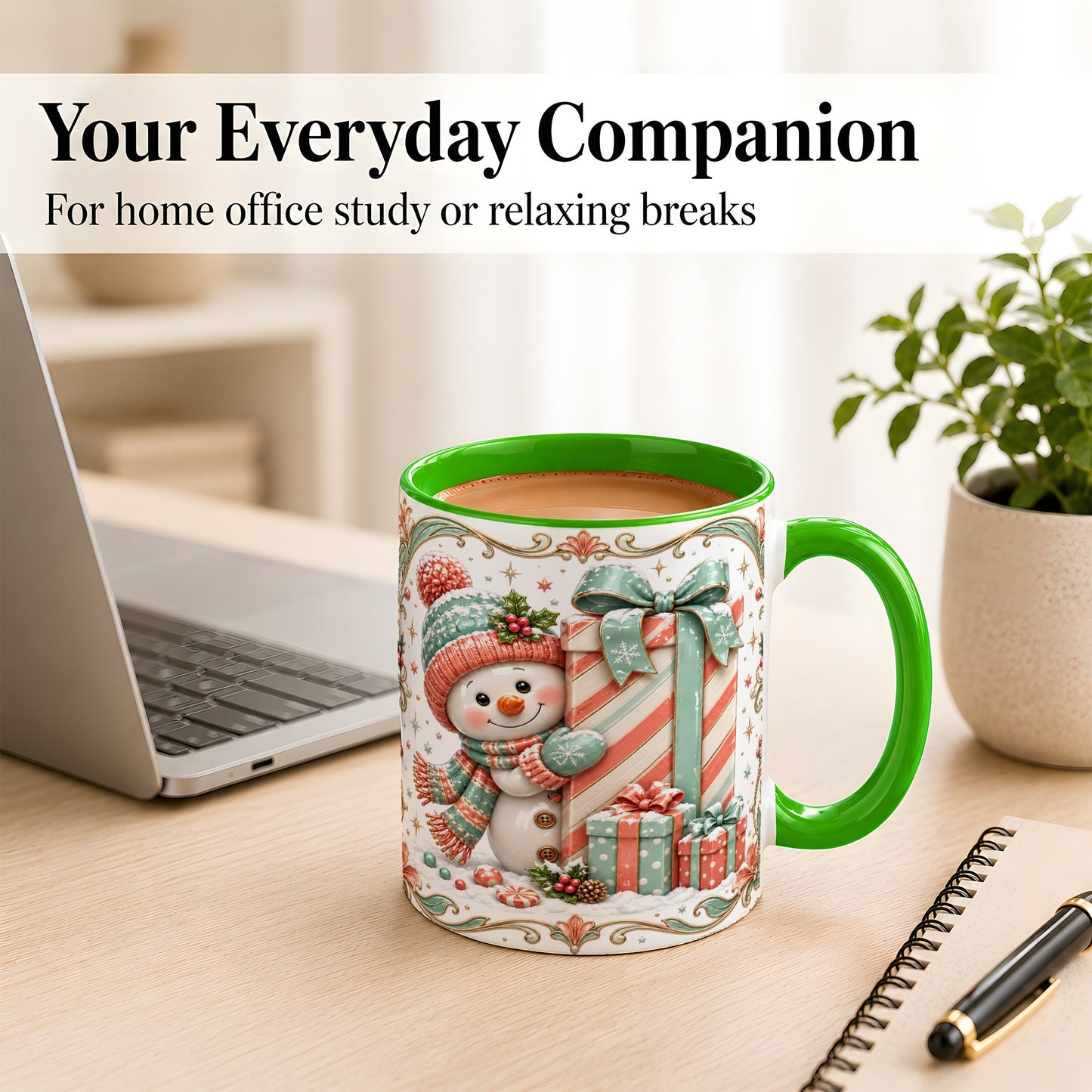 #pl[11oz|Green] Snowman Present Coffee Mug, Christmas Holiday Snowman Mug, Ceramic Cup