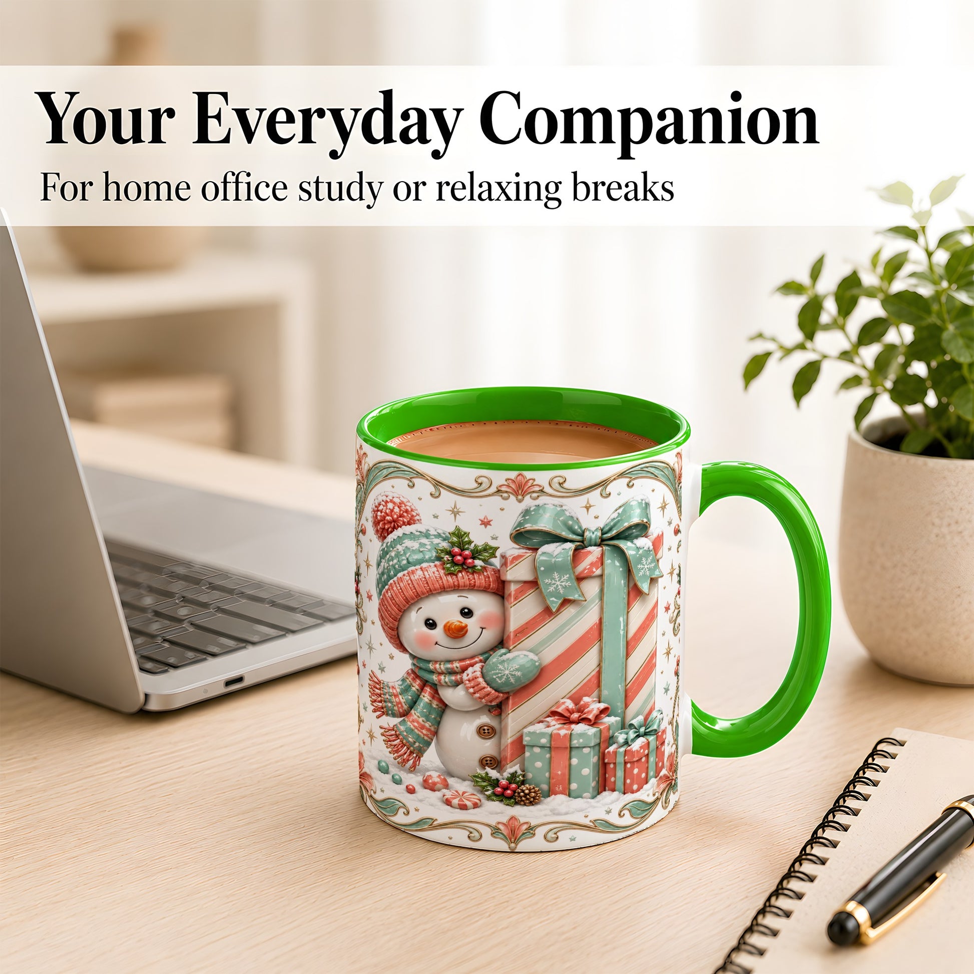 #pl[11oz|Green] Snowman Present Coffee Mug, Christmas Holiday Snowman Mug, Ceramic Cup