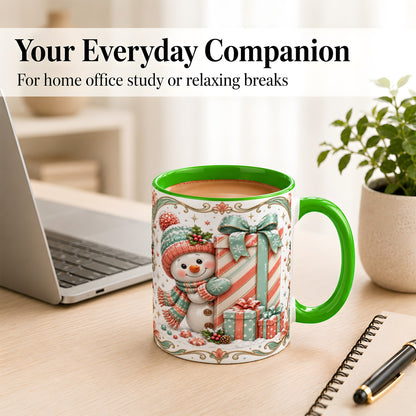 #pl[11oz|Green] Snowman Present Coffee Mug, Christmas Holiday Snowman Mug, Ceramic Cup