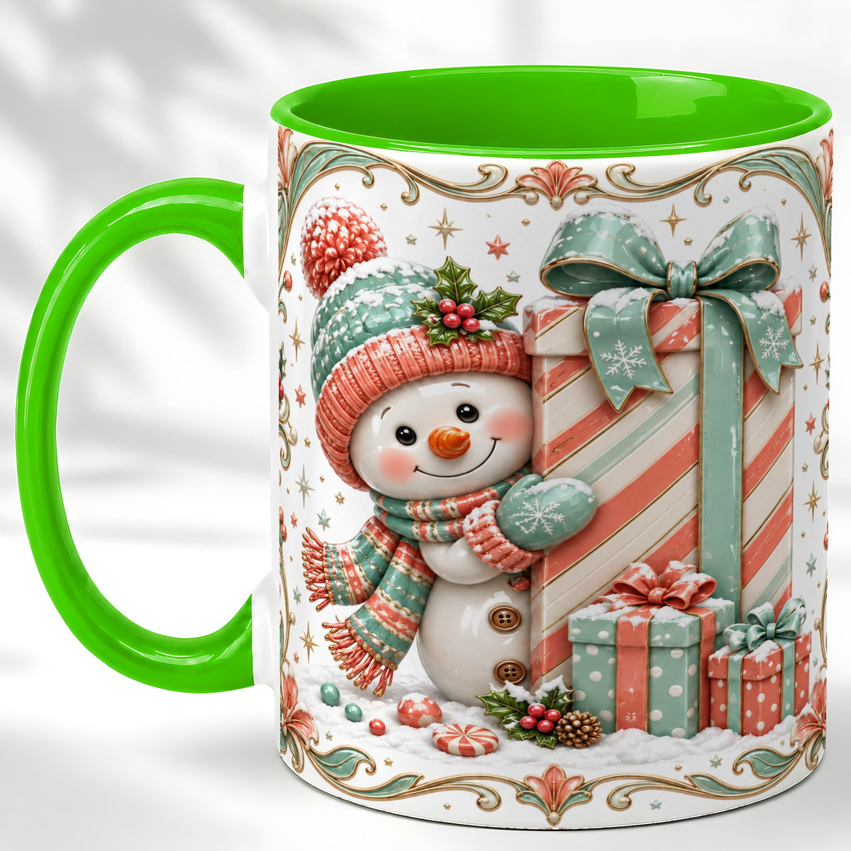 #pl[11oz|Green] Snowman Present Coffee Mug, Christmas Holiday Snowman Mug, Ceramic Cup