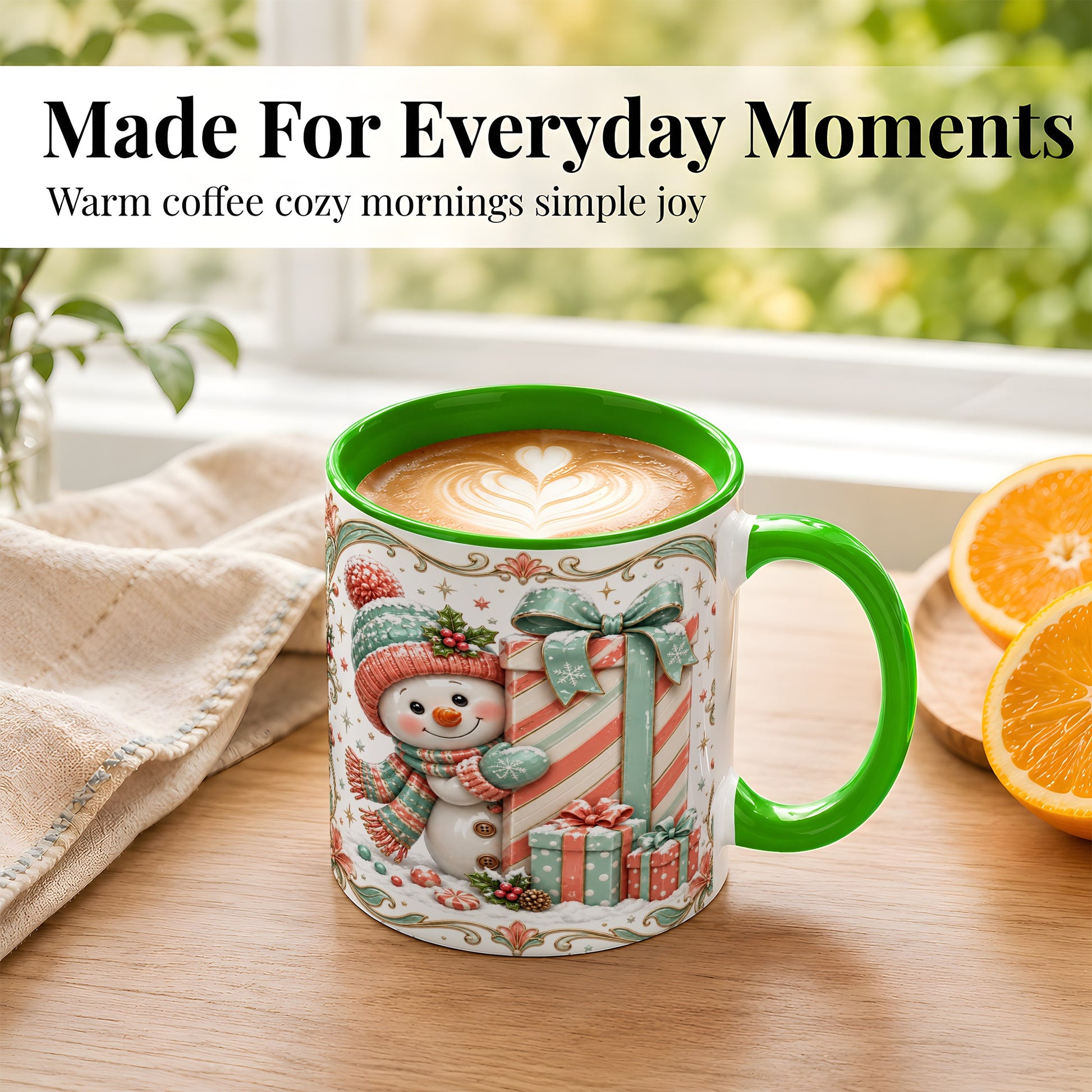 #pl[11oz|Green] Snowman Present Coffee Mug, Christmas Holiday Snowman Mug, Ceramic Cup