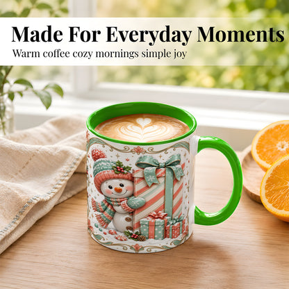 #pl[11oz|Green] Snowman Present Coffee Mug, Christmas Holiday Snowman Mug, Ceramic Cup