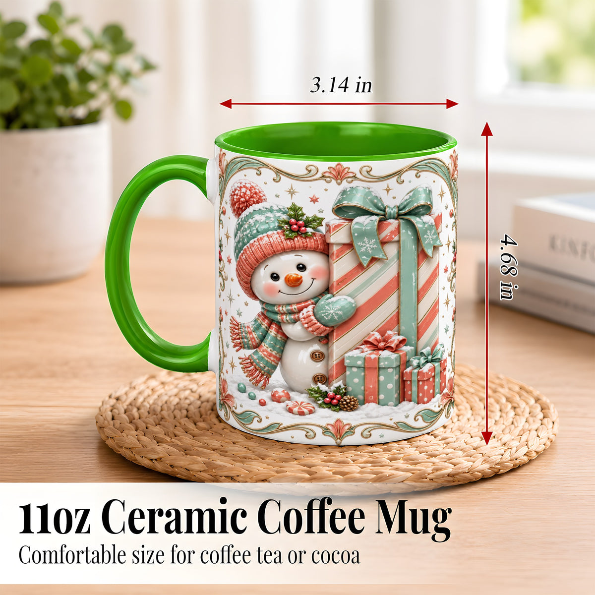 #pl[11oz|Green] Snowman Present Coffee Mug, Christmas Holiday Snowman Mug, Ceramic Cup