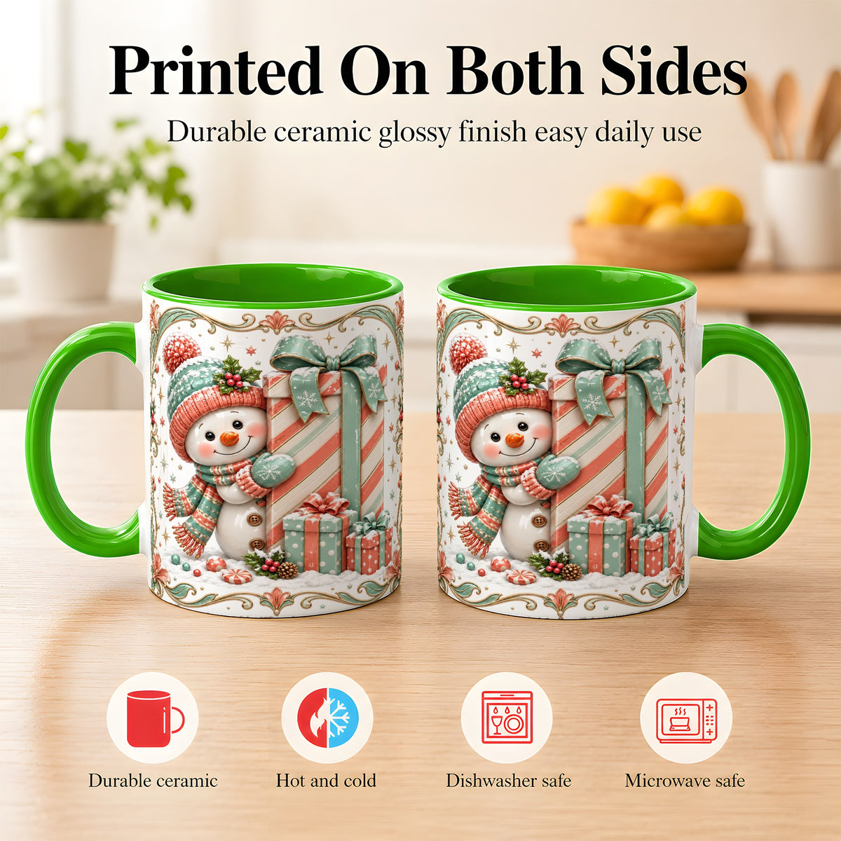 #pl[11oz|Green] Snowman Present Coffee Mug, Christmas Holiday Snowman Mug, Ceramic Cup