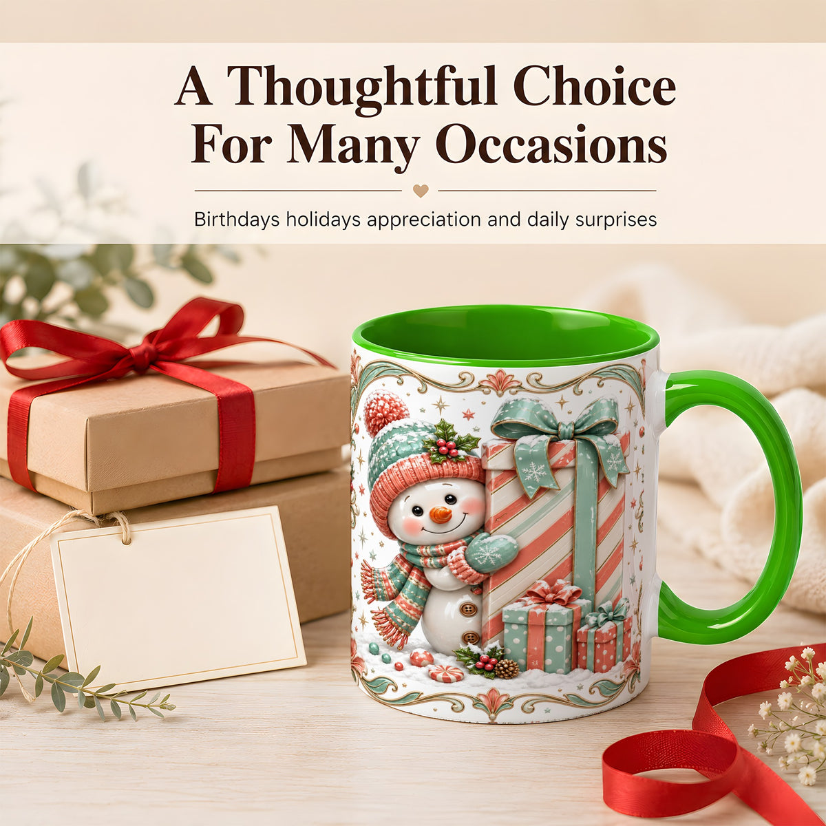 #pl[11oz|Green] Snowman Present Coffee Mug, Christmas Holiday Snowman Mug, Ceramic Cup