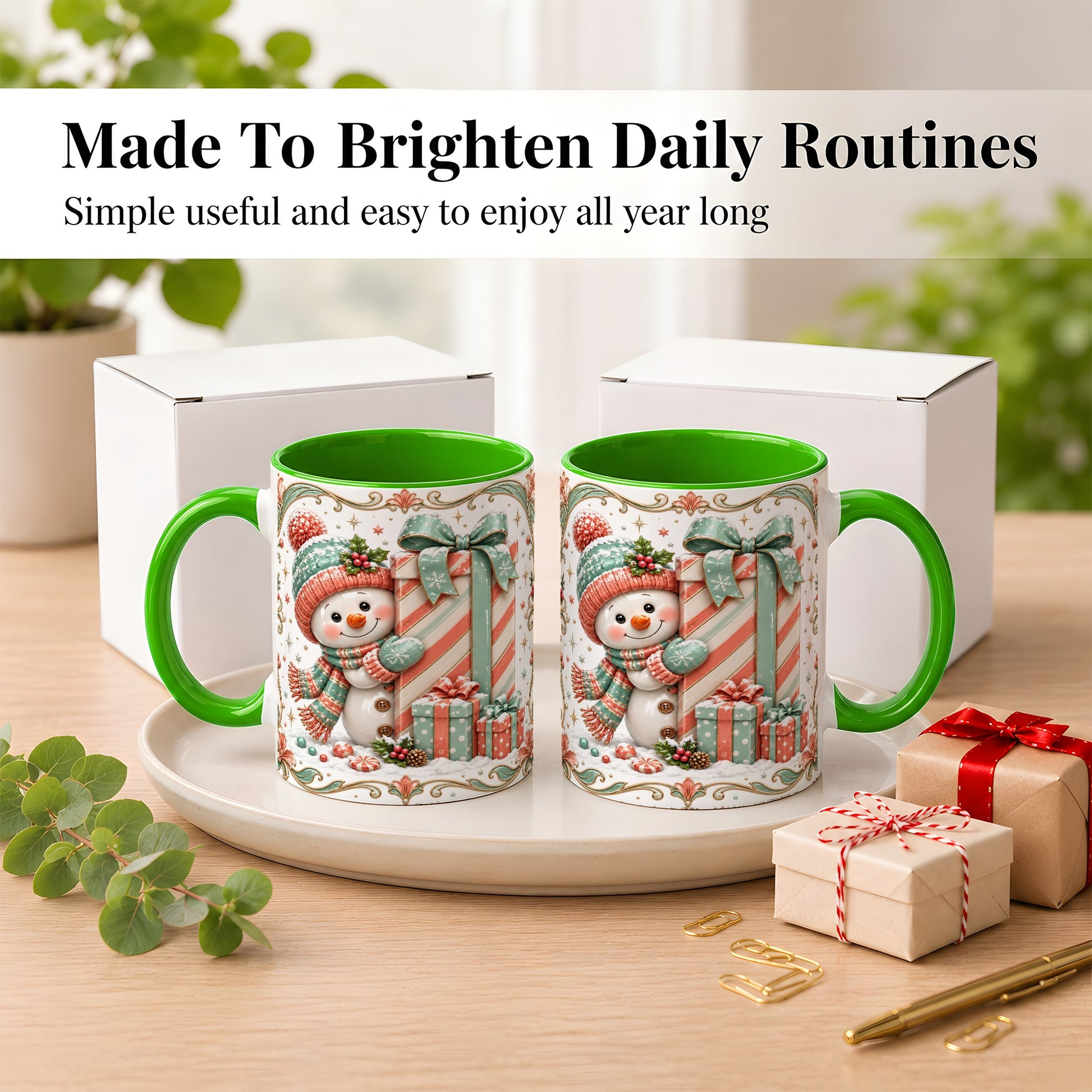 #pl[11oz|Green] Snowman Present Coffee Mug, Christmas Holiday Snowman Mug, Ceramic Cup