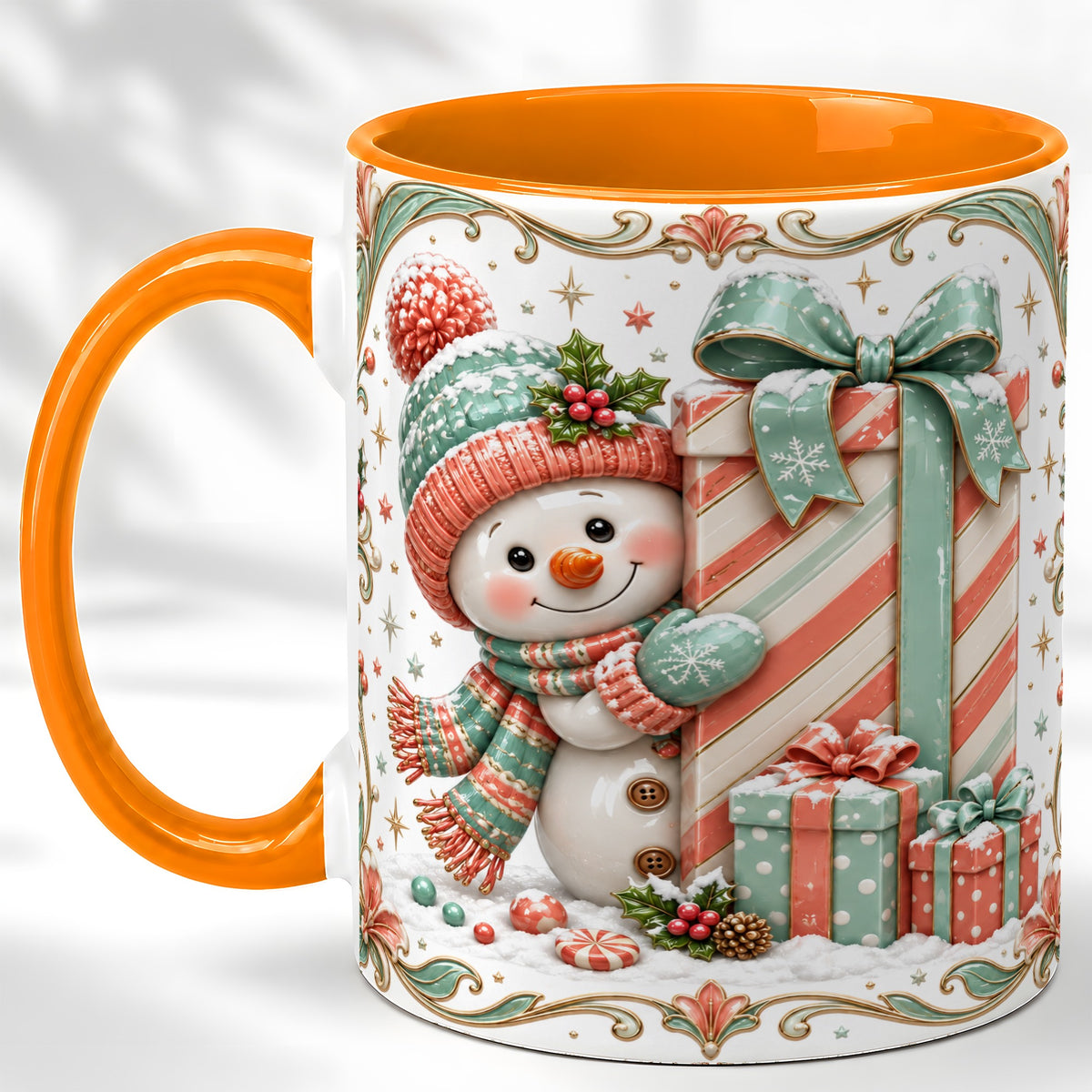 #pl[11oz|Orange] Snowman Present Coffee Mug, Christmas Holiday Snowman Mug, Ceramic Cup