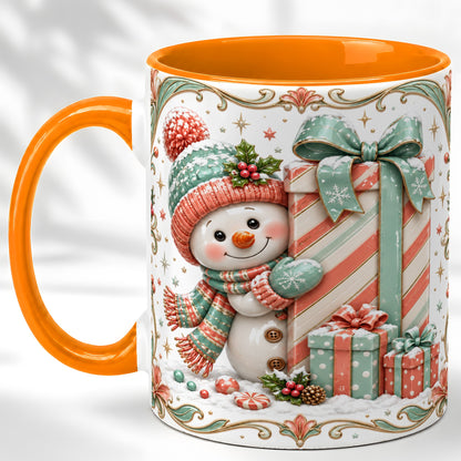 #pl[11oz|Orange] Snowman Present Coffee Mug, Christmas Holiday Snowman Mug, Ceramic Cup