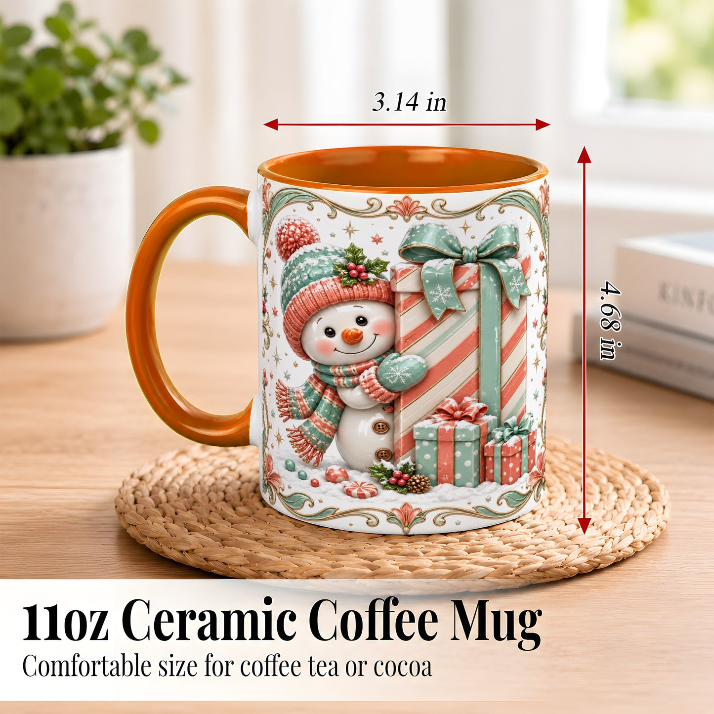 #pl[11oz|Orange] Snowman Present Coffee Mug, Christmas Holiday Snowman Mug, Ceramic Cup