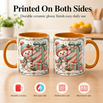 #pl[11oz|Orange] Snowman Present Coffee Mug, Christmas Holiday Snowman Mug, Ceramic Cup