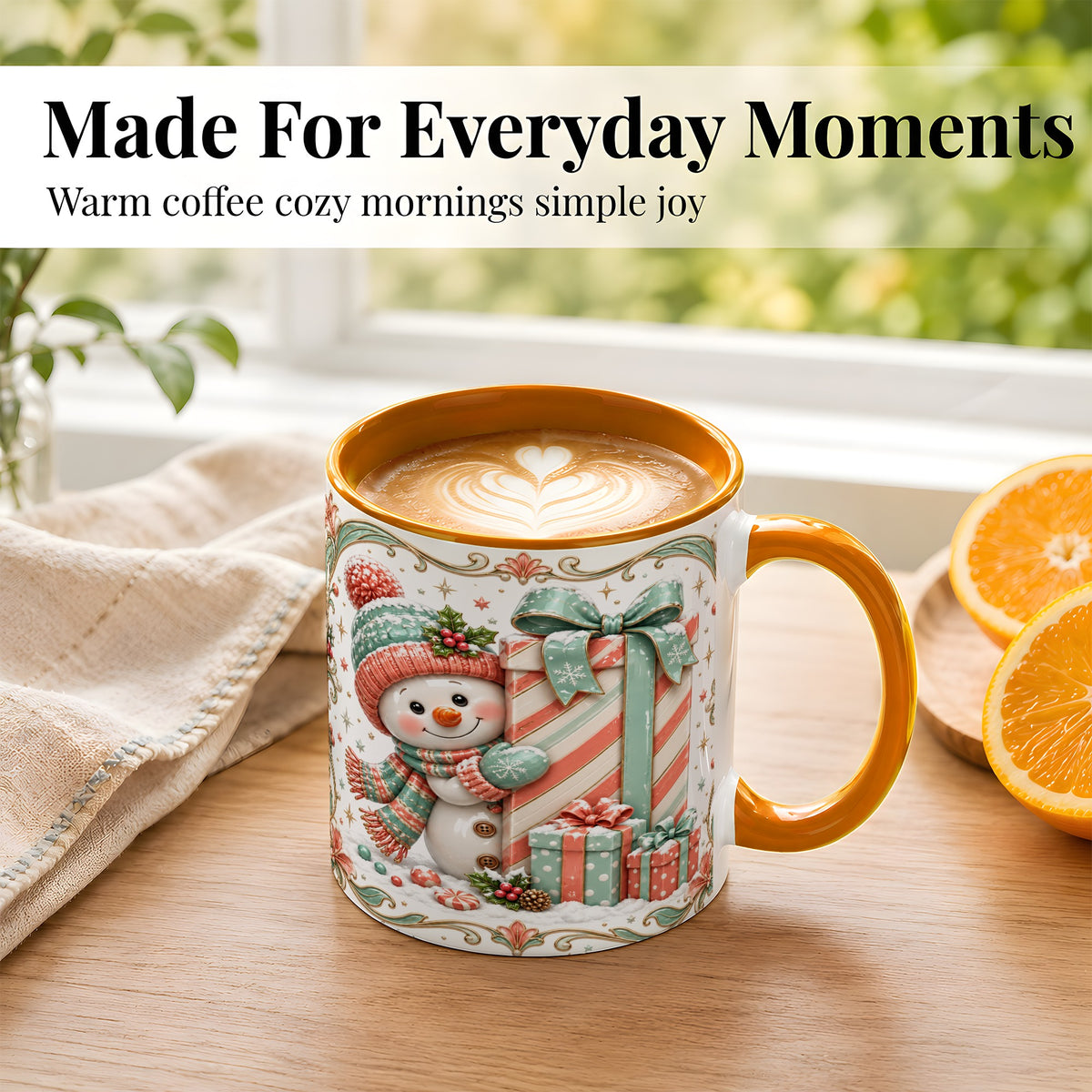 #pl[11oz|Orange] Snowman Present Coffee Mug, Christmas Holiday Snowman Mug, Ceramic Cup