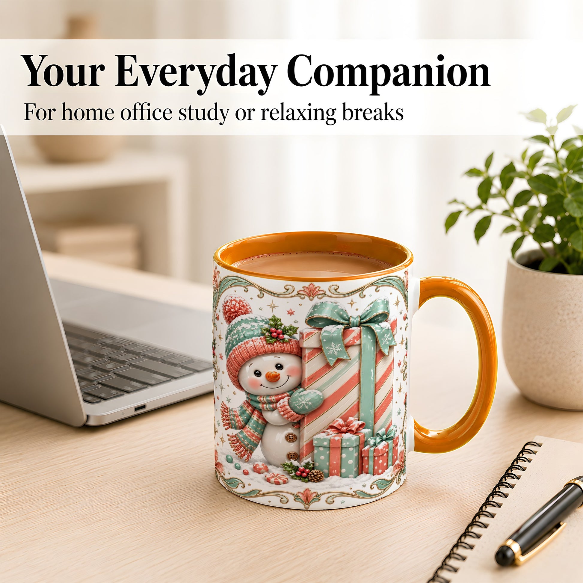 #pl[11oz|Orange] Snowman Present Coffee Mug, Christmas Holiday Snowman Mug, Ceramic Cup
