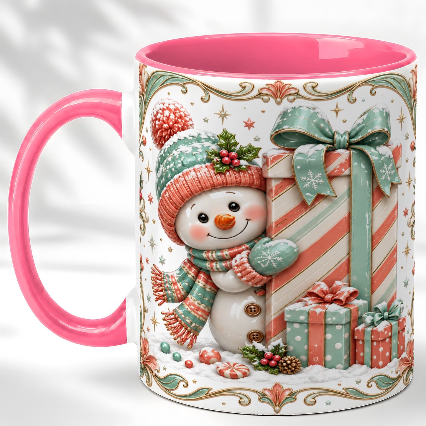 #pl[11oz|Pink] Snowman Present Coffee Mug, Christmas Holiday Snowman Mug, Ceramic Cup