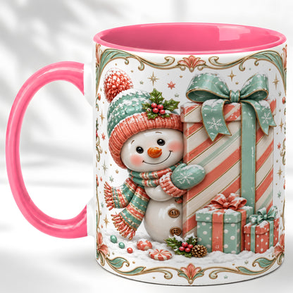 #pl[11oz|Pink] Snowman Present Coffee Mug, Christmas Holiday Snowman Mug, Ceramic Cup