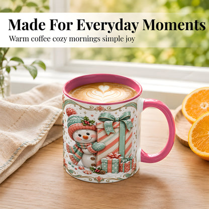 #pl[11oz|Pink] Snowman Present Coffee Mug, Christmas Holiday Snowman Mug, Ceramic Cup