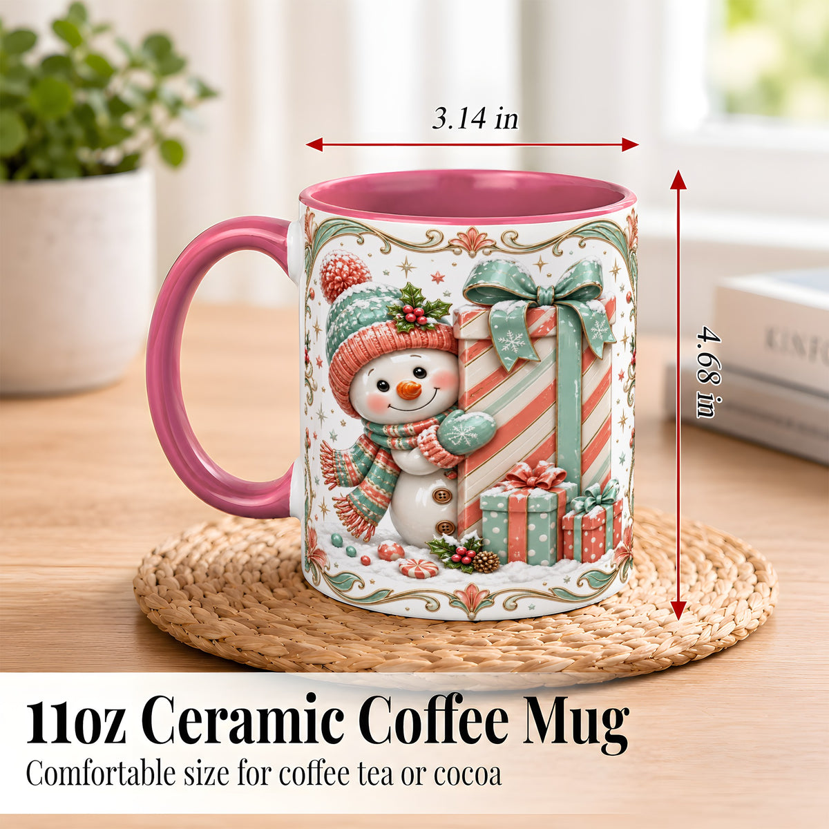 #pl[11oz|Pink] Snowman Present Coffee Mug, Christmas Holiday Snowman Mug, Ceramic Cup