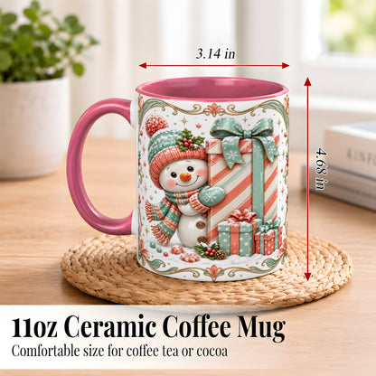 #pl[11oz|Pink] Snowman Present Coffee Mug, Christmas Holiday Snowman Mug, Ceramic Cup
