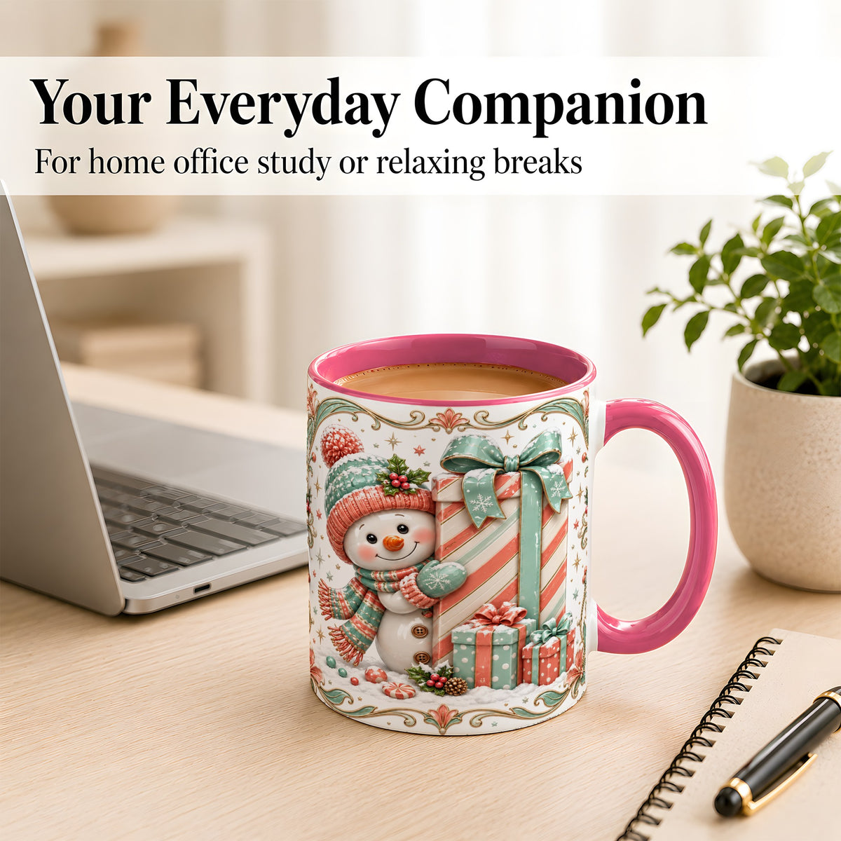 #pl[11oz|Pink] Snowman Present Coffee Mug, Christmas Holiday Snowman Mug, Ceramic Cup