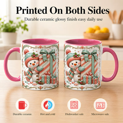 #pl[11oz|Pink] Snowman Present Coffee Mug, Christmas Holiday Snowman Mug, Ceramic Cup