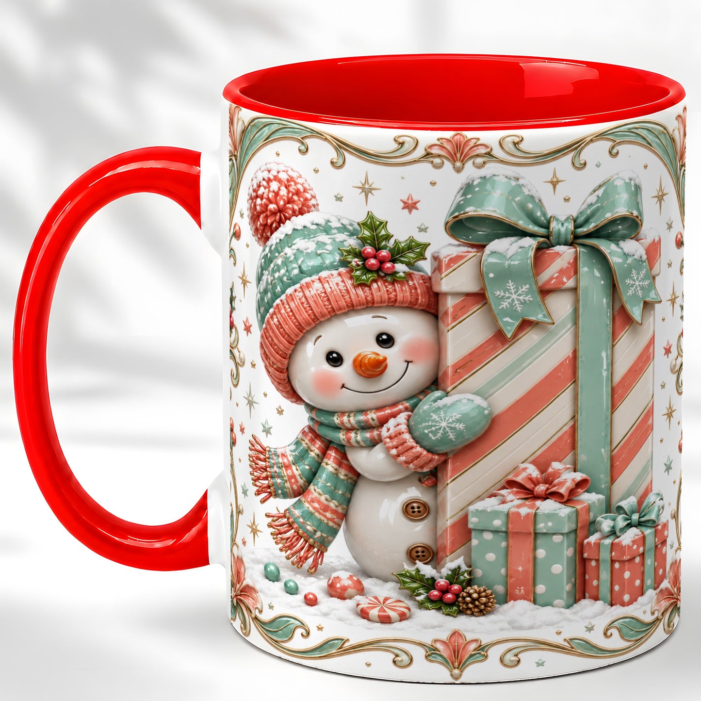 Snowman Present Coffee Mug, Christmas Holiday Snowman Mug, Ceramic Cup