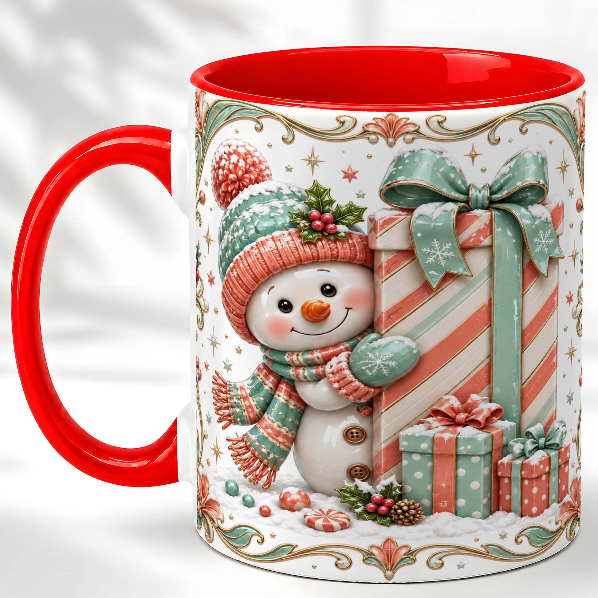 Snowman Present Coffee Mug, Christmas Holiday Snowman Mug, Ceramic Cup
