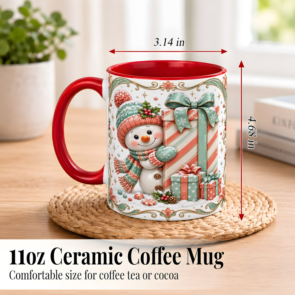 #pl[11oz|Red] Snowman Present Coffee Mug, Christmas Holiday Snowman Mug, Ceramic Cup
