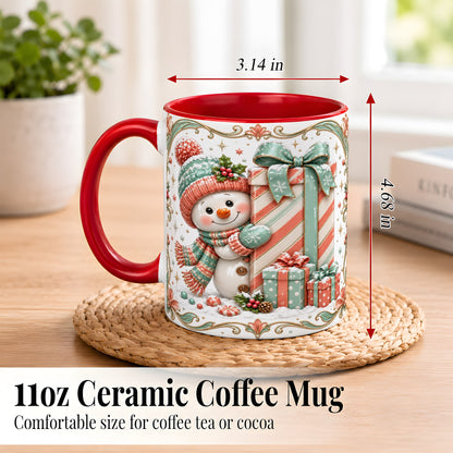 #pl[11oz|Red] Snowman Present Coffee Mug, Christmas Holiday Snowman Mug, Ceramic Cup
