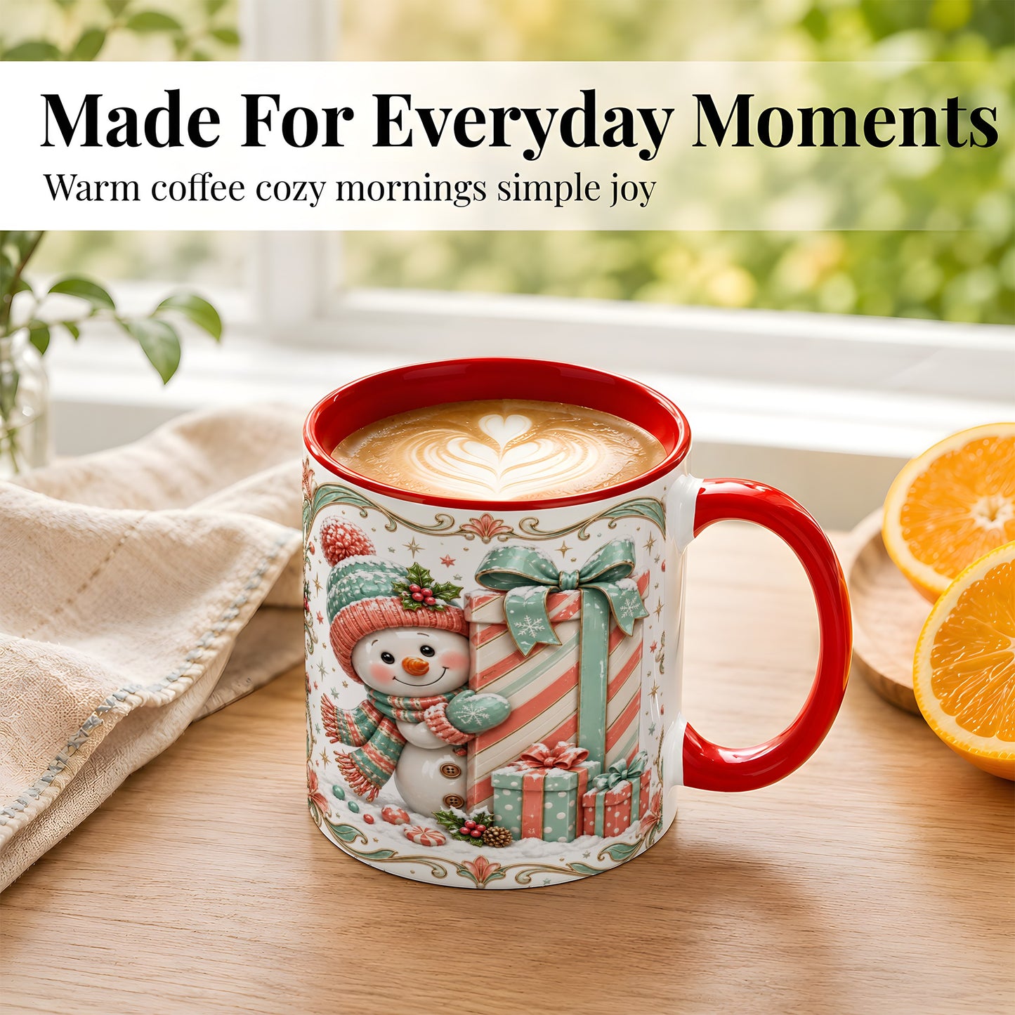 #pl[11oz|Red] Snowman Present Coffee Mug, Christmas Holiday Snowman Mug, Ceramic Cup